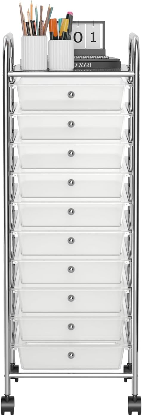 Storage Cart, Rolling Utility Cart with 10 Drawers, Portable Handles & Lockable Wheels, Mobile Paper Toys Storage Organizer Large Capacity for Home Office School Teacher (Clear)