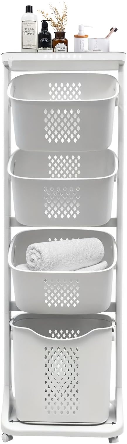 4-Tier Rolling Laundry Sorter with Removable Baskets, Laundry Cart Organizer for Bathroom, Laundry Room & Closet, Space-Saving Storage for Home and Dorm, White