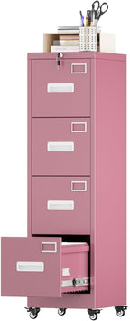Aobabo 4 Drawer File Cabinet with Wheels, Lockable Office Metal Filing Cabinet with Name Card for Office and Home,Assembly Required,Pink