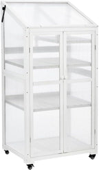 Sturdy Wooden Greenhouse for Balcony or Backyard Use with Rolling Wheels and Adjustable Shelving for Plant Growing (White + Solid Wood + Wood)