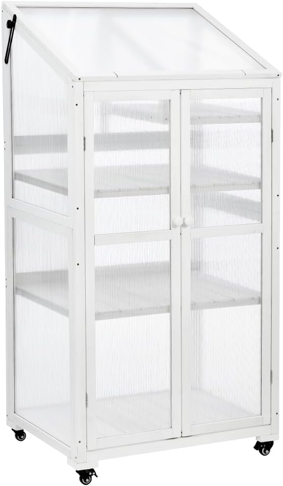 Sturdy Wooden Greenhouse for Balcony or Backyard Use with Rolling Wheels and Adjustable Shelving for Plant Growing (White + Solid Wood + Wood)
