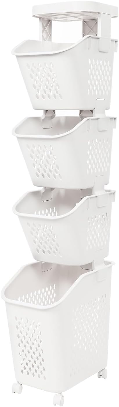 Tiered Laundry Storage Organizer Tiered Laundry Hamper Sorter Bathroom Laundry Basket with Wheels Removable Plastic Storage Basket for Kitchen (4-Tier)
