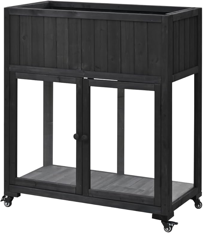 Patio 35.4''x17.7''x37.4'' Mini Wood Cold Frame, Compact 2 Doors Garden Greenhouse with Wheels, Raised Bed with Liner for Indoor Outdoor Use (Black)