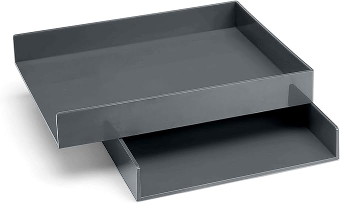 Poppin Stackable Letter Tray, Pack of 2 - Modular Lacquer Desk Trays for Office Organization, Color-Coordinated Office Supplies for Desk, Paper Trays (Dark Gray, Letter Tray Pack of 2)