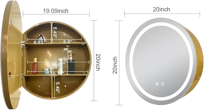20inch Round Medicine Cabinet with Lights,Led Medicine Cabinet with Defogger,Illuminated Mirror Cabinet for Bathroom,Dimmable,Anti-Fog,3 Colors,Surface Mount Only,Gold