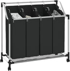 Laundry Sorter with 4 Bags Black Gray, Heavy Duty Steel Frame Rolling Hamper with Removable Full-Size Sorting Bags and Casters for Laundry Room Organization