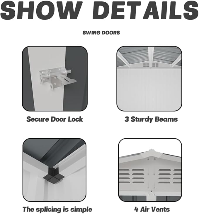 Heavy-Duty Outdoor Garden Shed with Aluminum Alloy Frame, Hinged Door, and Stable Foundation for Secure Storage (10x8 Feet White Garden Shed)