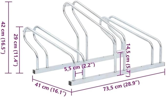 BOWERY HILL Freestanding 3-Bike Rack, Galvanized Steel, Silver Finish, 28.9 x 16.1 x 16.5 in, Space-Saving High-Low Design, Indoor/Outdoor Use, Stable Parking Stand for Garage, Warehouse, School