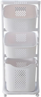 3 Tier Laundry Hamper Basket Plastic Rolling Laundry Cart with Wheels, Multipurpose Laundry Sorter Storage Trolley Shelf Basket, Beige