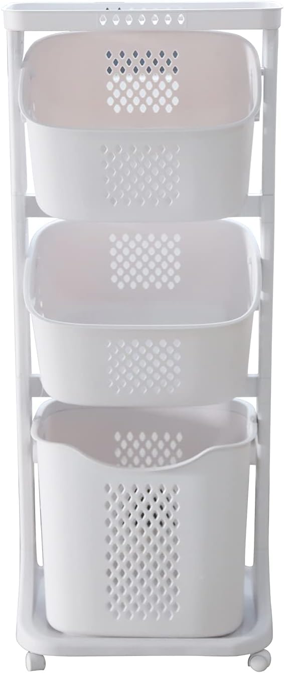 3 Tier Laundry Hamper Basket Plastic Rolling Laundry Cart with Wheels, Multipurpose Laundry Sorter Storage Trolley Shelf Basket, Beige