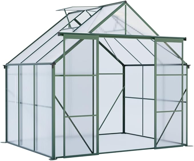Heavy-Duty Walk-in Polycarbonate Greenhouse with Dual Sliding Doors, Adjustable Roof Ventilation, and Galvanized Steel Base for Year-Round Outdoor Gardening (Green 8*6FT)