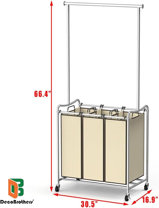 Deco Brothers Heavy Duty 3 Bag Extendable Laundry Sorter Cart with Hanging Bar, Beige