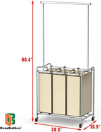 Deco Brothers Heavy Duty 3 Bag Extendable Laundry Sorter Cart with Hanging Bar, Beige