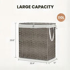 Laundry Hamper with Lid, 110L Foldable Laundry Basket with Removable Liner Bags, Handwoven Synthetic Rattan Clothes Hamper for Bathroom, Bedroom, Laundry Room, Grey