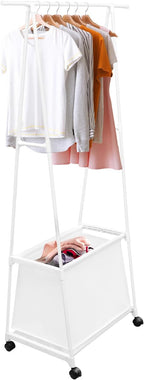 Laundry Cart with Hanging Rack, Metal Rolling Laundry Cart Laundry Hamper with Fabric Storage Basket Clothes Rack with Lockable Wheels for Hanging Clothes & Storing Toys Hats (White)