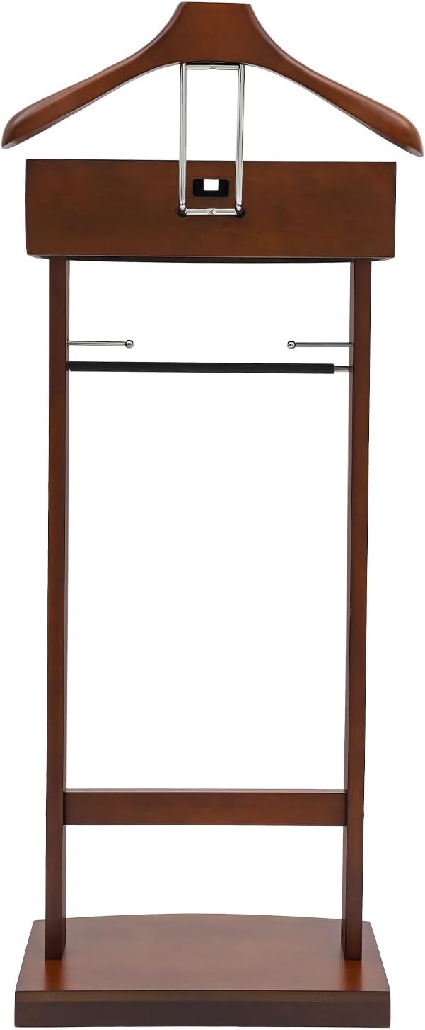 Wood Suit Rack Valet Stand for Men and Women, Freestanding Clothing Rack Organizer with Drawer & Base Vertical Suit Valet Stand for Hats, Bags, Clothes 22 lbs Capacity (Brown)