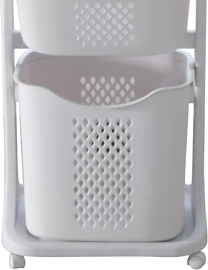 3 Tier Laundry Hamper Basket Plastic Rolling Laundry Cart with Wheels, Multipurpose Laundry Sorter Storage Trolley Shelf Basket, Beige