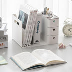 White Plastic Desktop Organizer with File slots,3-tier Drawers with Pen Holder,Book Stand for Office Supplies and Desk Accessories (White+Grey)