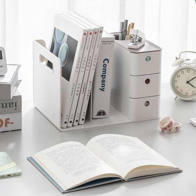 White Plastic Desktop Organizer with File slots,3-tier Drawers with Pen Holder,Book Stand for Office Supplies and Desk Accessories (White+Grey)