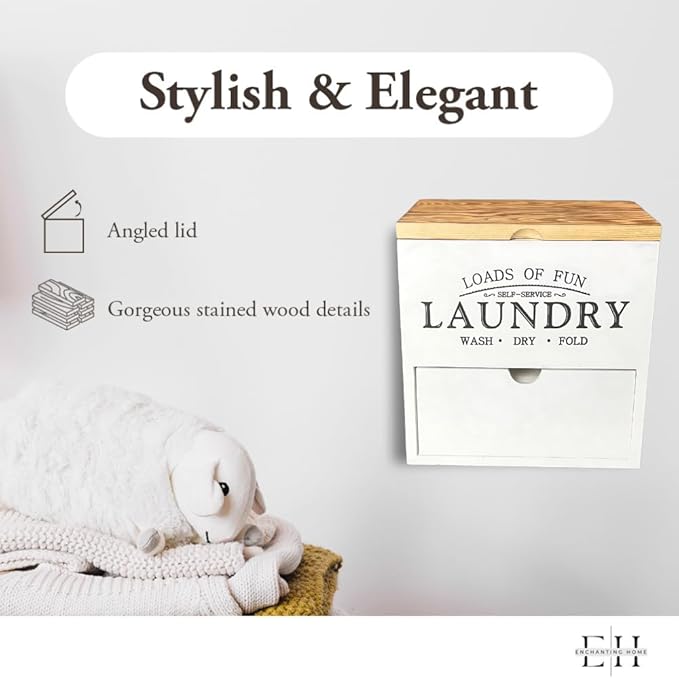 Wooden Laundry Pods Container - Multi-Use Laundry Containers for Organizing - Laundry Pod Dispenser - Detergent Pods & Dryer Sheet Container (White)