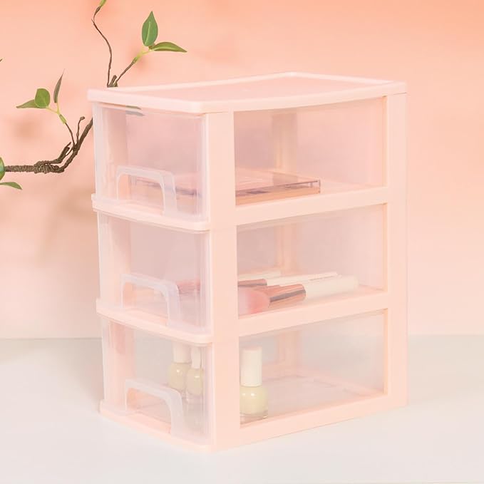 Gonice Small 3 Drawer Storage Organizer, Pink Plastic Drawer Storage, Small Desktop Organizer for Home, Office