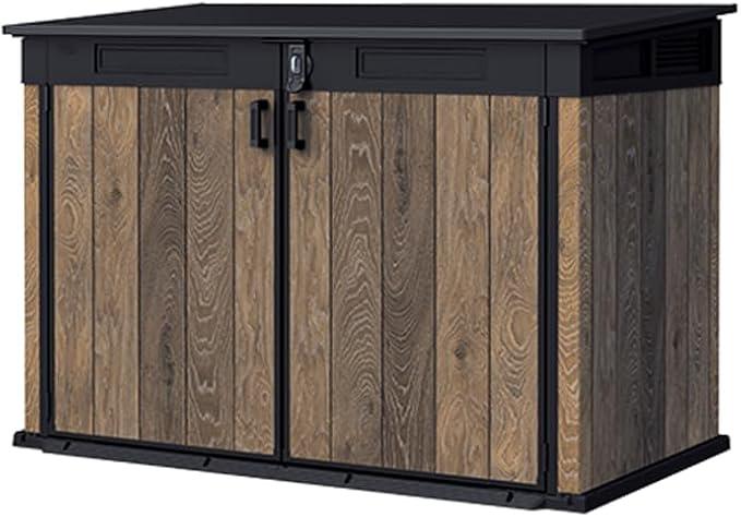 Keter Signature Collection All Weather Outdoor Storage Shed – Durable Resin Garden Shed with Built‑in Ventilation, & Lockable Double Doors – Walnut Finish