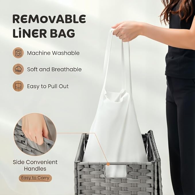 Laundry Hamper with Lid, 90L Foldable Laundry Basket with Removable Liner Bags, Handwoven Synthetic Rattan Clothes Hamper for Bathroom, Bedroom, Laundry Room, Grey