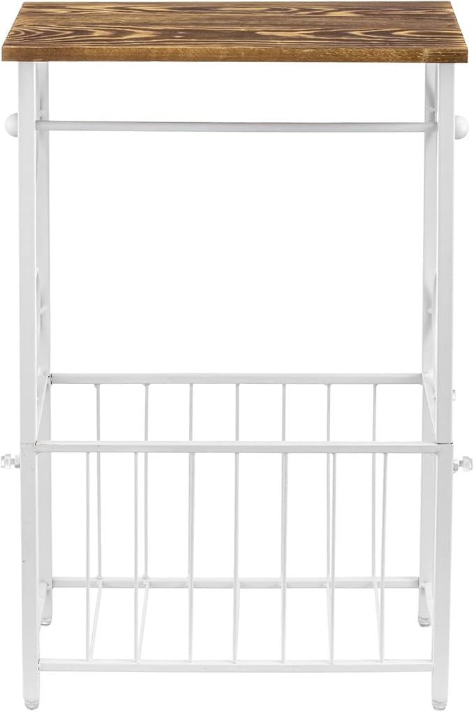 MyGift Toilet Paper Holder Stand with Shelf, Bathroom Table Stand Storage with Magazine Holder Basket, Scrollwork Design, White Metal