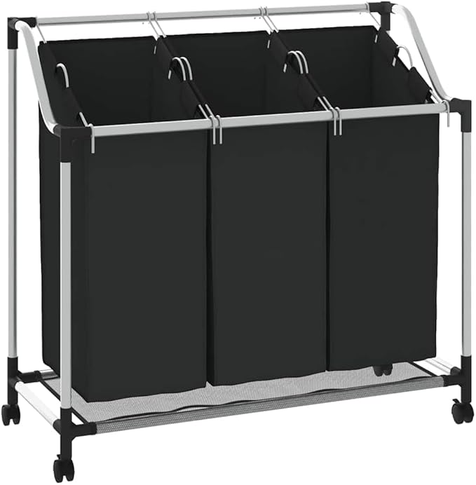 Laundry Sorter with 3 Bags Black Steel Frame, Heavy-Duty Rolling Cart with Removable Sorting Bags and Casters for Easy Transport, Durable Steel Frame Supports Large Loads