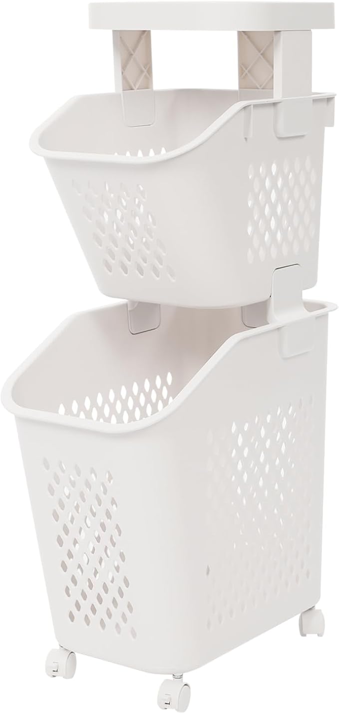 2-Tier Laundry Hamper Sorter with Wheels, Vertical Rolling Laundry Baskets Removable and Stackable, Space-Saving Cart Organizer for Dorm, Closet and Bathroom (2-Tier)