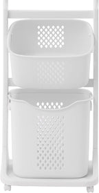 Laundry Sorter Cart with Clothes Rack 2 Layer Laundry Hamper Basket with Hanging Stand Dirty Clothes Storage Basket with 4 Wheels Simple Storage Shelf for Bathroom Cloakroom Bedroom White