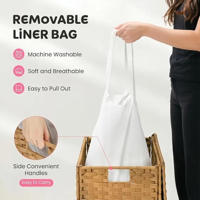 Laundry Hamper with Lid, 110L Foldable Laundry Basket with Removable Liner Bags, Handwoven Synthetic Rattan Clothes Hamper for Bathroom, Bedroom, Laundry Room, Yellow