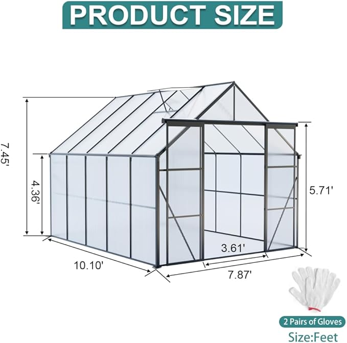 Heavy-Duty Walk-in Polycarbonate Greenhouse with Dual Sliding Doors, Adjustable Roof Ventilation, and Galvanized Steel Base for Year-Round Outdoor Gardening (Black 8*10FT)