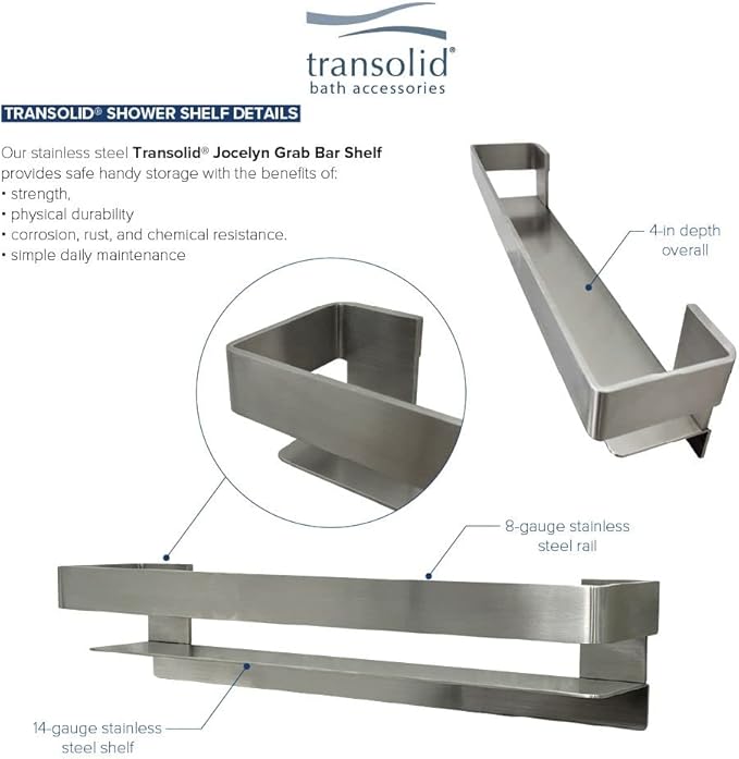 Transolid JGBS20-BS Jocelyn 20-in Grab Bar Shelf, Brushed Stainless
