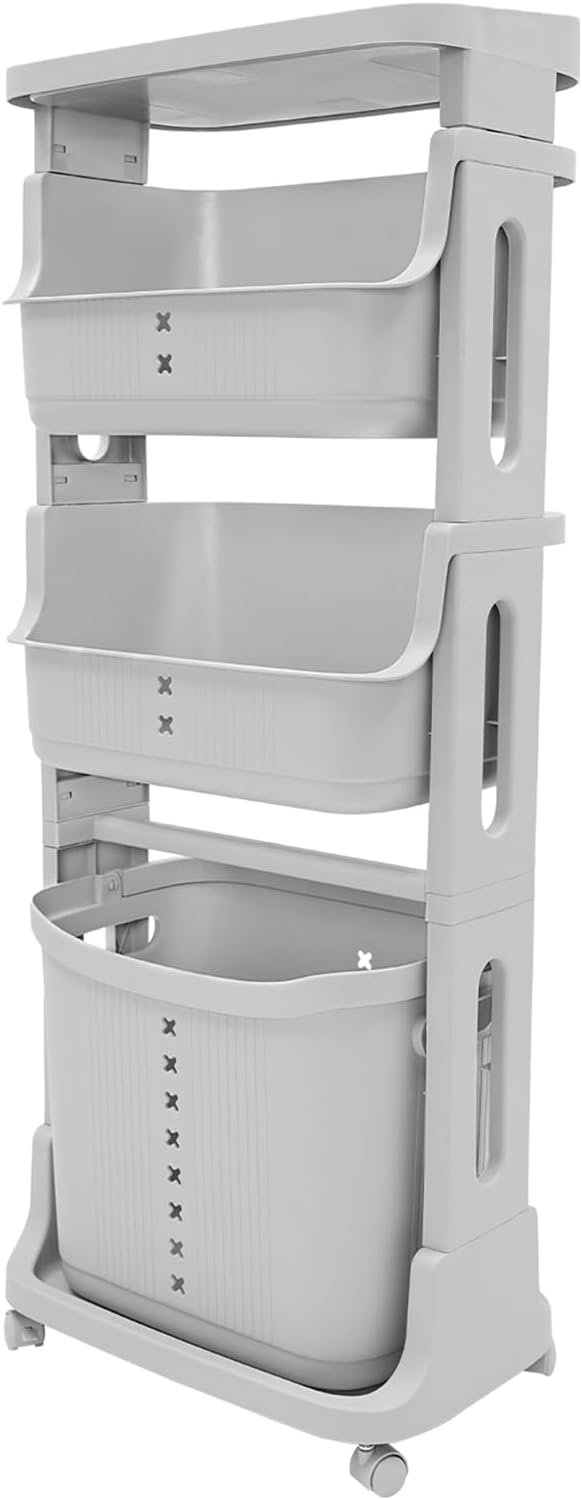 4-Layer Laundry Basket,PP Laundry Basket System Vertical Laundry Sorter with Wheel,Rolling Storage Holder Cart for Laundry Rooms, Bathrooms, Toilets (Grey)