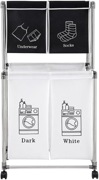 Laundry Basket 2 Tier Clothes Sorter with 4 Removable Bags to Organize Clothes, With Four Wheels, Easy to Move, Laundry, Light, Dark