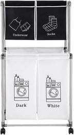 Laundry Basket 2 Tier Clothes Sorter with 4 Removable Bags to Organize Clothes, With Four Wheels, Easy to Move, Laundry, Light, Dark