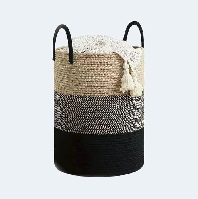 58L Cotton Rope Laundry Basket - Large Collapsible Storage Hamper with Handles Suitable for seasonal storage, toy storage, and a great gift for women (Color Block)