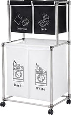 Laundry Basket 2 Tier Clothes Sorter with 4 Removable Bags to Organize Clothes, With Four Wheels, Easy to Move, Laundry, Light, Dark