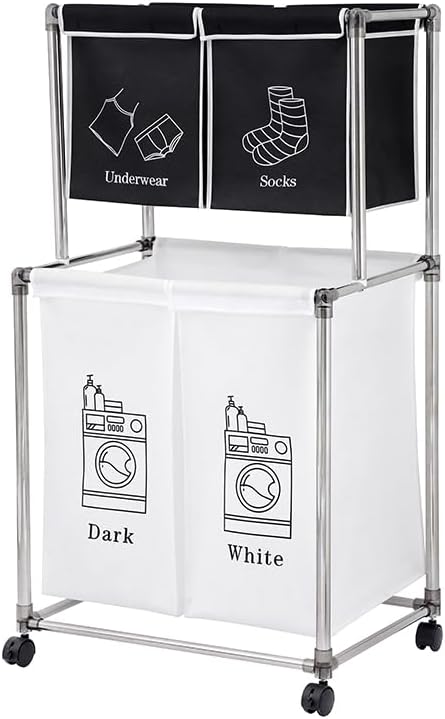 Laundry Basket 2 Tier Clothes Sorter with 4 Removable Bags to Organize Clothes, With Four Wheels, Easy to Move, Laundry, Light, Dark
