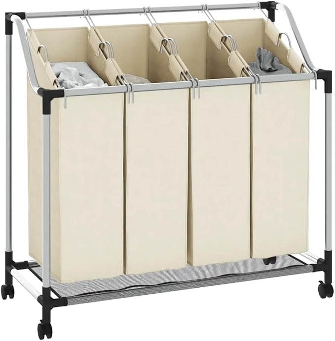 Laundry Sorter with 4 Bags Cream Steel Frame, Heavy-Duty Rolling Cart with Removable Sorting Bags and Casters for Easy Transport, Durable Organizer for Laundry Room or Closet
