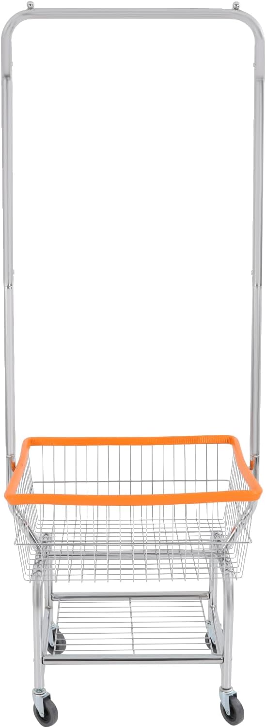 70"H Laundry Cart, Rolling Laundry Basket with Hanging Rack & Wheels, Metal Steel Wire Clothes Hamper with Storage Shelf for Homes, Hotels, Bathrooms & Commercial Laundry, 110lbs Capacity (C)