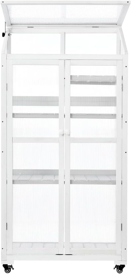 Sturdy Wooden Greenhouse for Balcony or Backyard Use with Rolling Wheels and Adjustable Shelving for Plant Growing (White + Solid Wood + Wood)