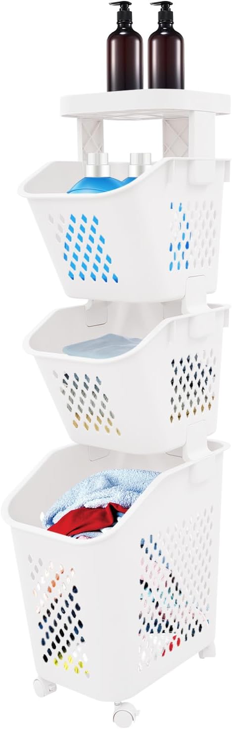 Laundry Hamper Basket Sorter, Multi-Tier PP Laundry Sorter Cart with 4 Wheels, Removable Rolling Laundry Baskets, Heightened Fence, Elevated Bottom (3-Tiers 15.1x39in)