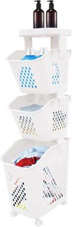 Laundry Hamper Basket Sorter, Multi-Tier PP Laundry Sorter Cart with 4 Wheels, Removable Rolling Laundry Baskets, Heightened Fence, Elevated Bottom (3-Tiers 15.1x39in)
