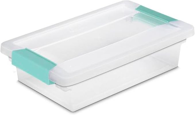 Sterilite 6 Quart Clear Latch Lid Stackable Storage Box Tote, 12 Pack, and Small Clear Latch Lid File Clip Box, 12 Pack for Household Organization