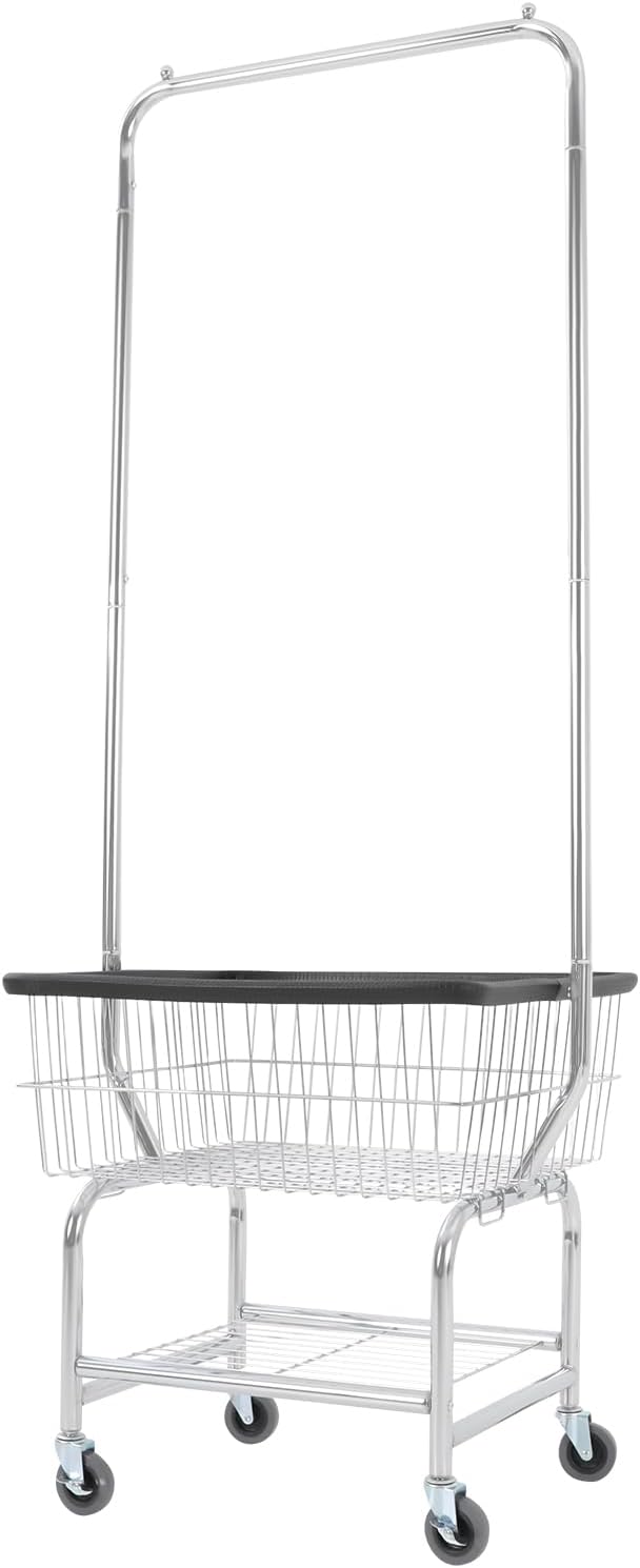 Laundry Cart with Hanging Rack, Metal Laundry Basket with Wheels, Laundry Hamper with Storage Basket & Shoe Rack, Rolling Laundry Hamper Sorter(110LBS Capacity,19.69" x 15.75" x 70.87", Black Trim)