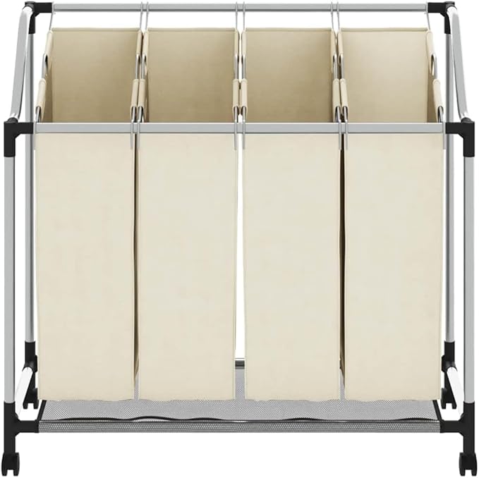 vidaXL Laundry Basket, 4-Bag Laundry Sorter, Rolling Laundry Basket with Removable Bags for Clothes Storage, Laundry Hamper with Wheels, Cream Steel