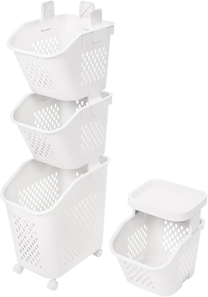 3/4 Tier Rolling Laundry Baskets Cart With Wheels,Narrow Laundry Hamper Sorter for Clothes, Towels, Plastic Clothes Storage Hamper,for Kitchens, Laundry Rooms,Bedrooms (White-4)