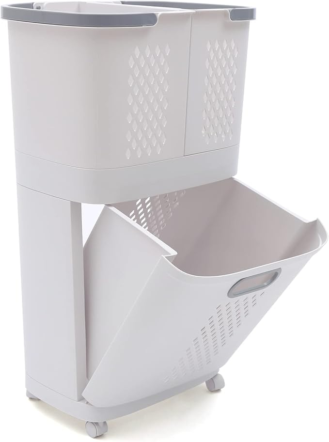 2 Tier Rolling Laundry Hampers Sorter, Removable Laundry Basket holder with Wheels and Handle, Portable Storage Basket Cart for Kitchens, Bathrooms, Bedrooms, Laundry Room